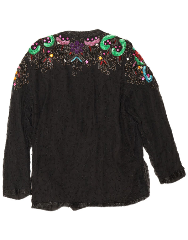 Vintage Dame Aften Blazer Jacket UK 16 Large Black Floral Silke