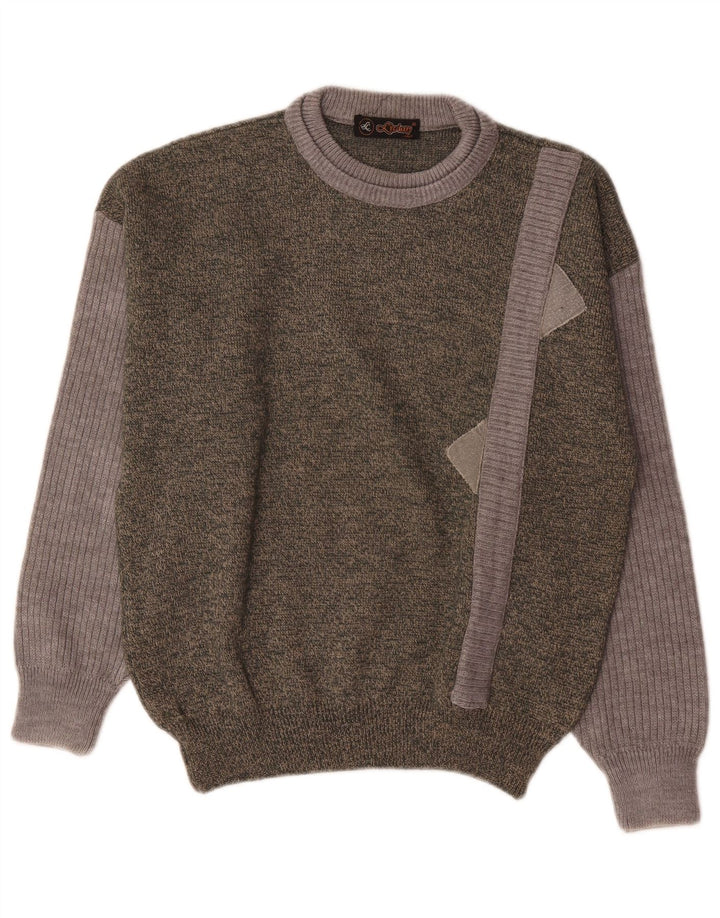 Vintage trøje med rund hals til mænd Stor grøn Colourblock Uld