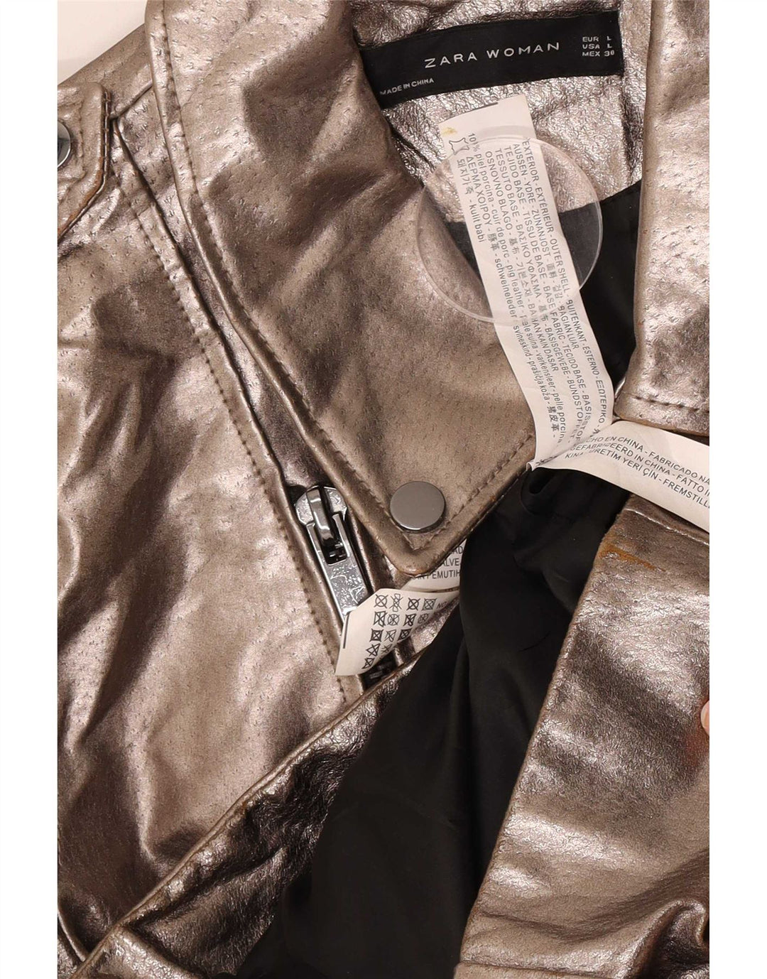 Zara Dame Læder Biker Jacket UK 14 Large Gold