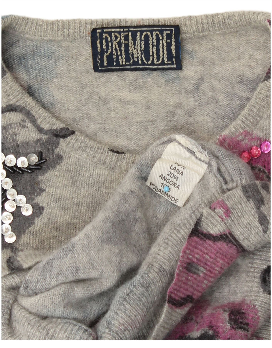 Premode Dame Crew Neck Jumper Sweater UK 14 Large Grey Floral Wool