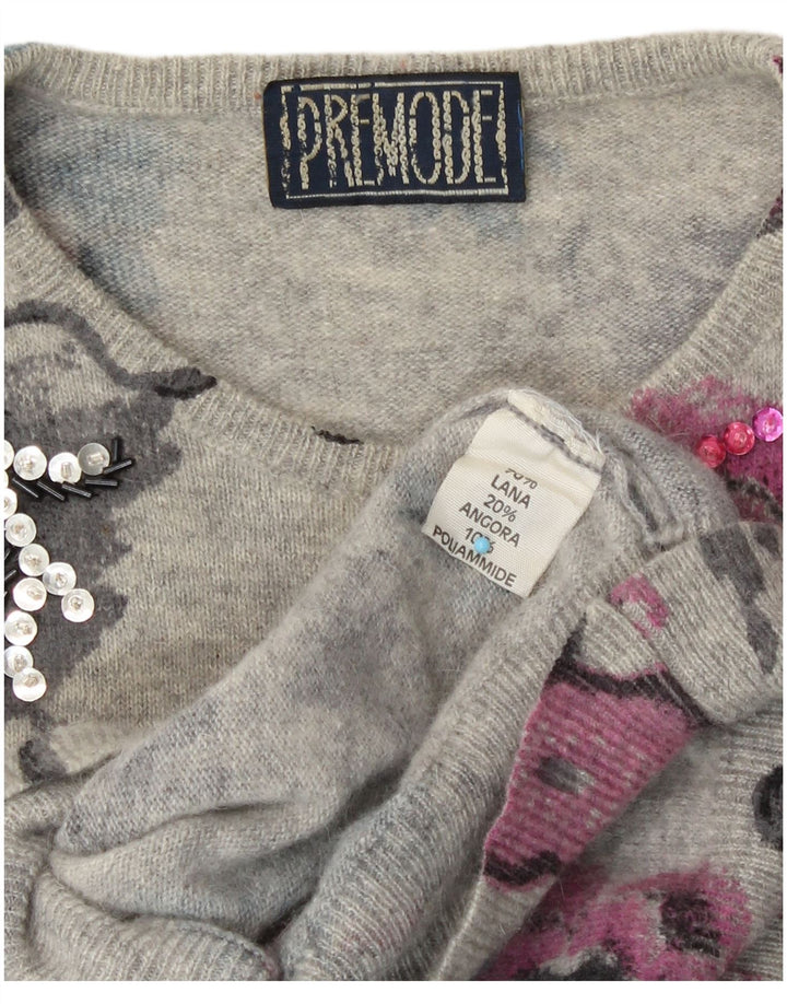 Premode Dame Crew Neck Jumper Sweater UK 14 Large Grey Floral Wool
