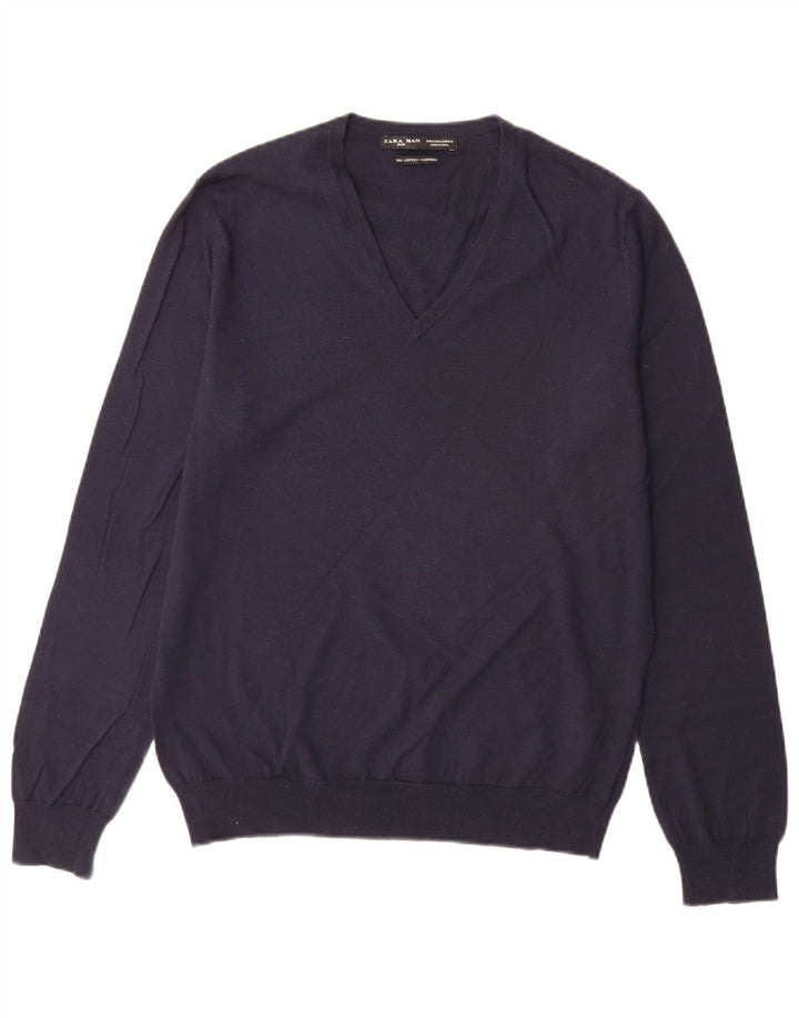 Zara Herre V-hals sweater Stor marineblå bomuld