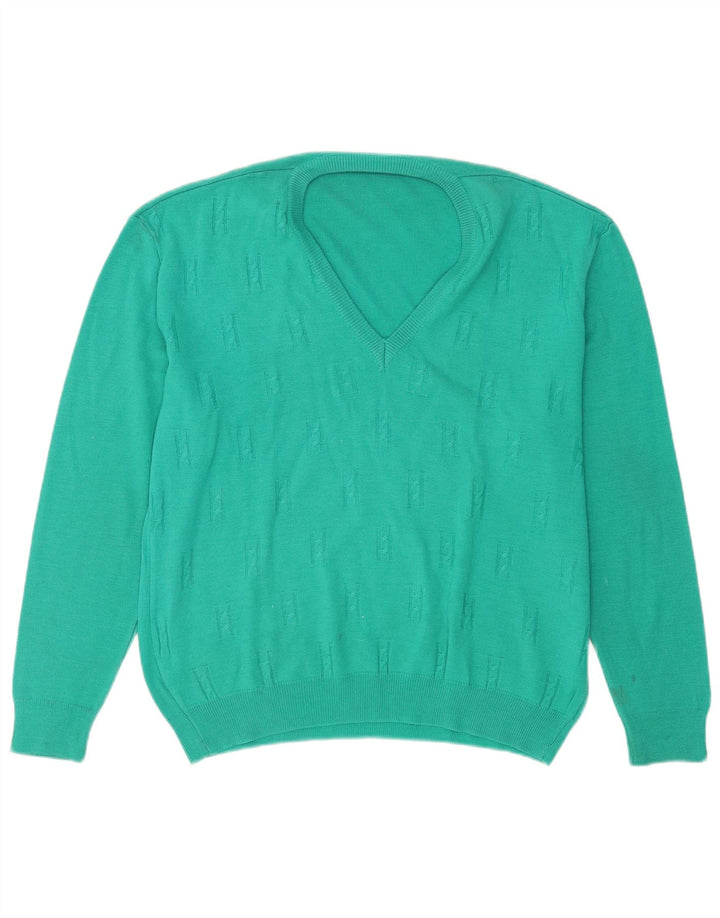 Vintage Herre V-hals sweater Stor turkis uld