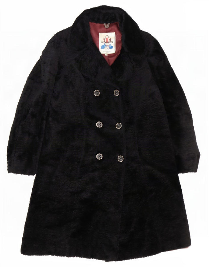 Vintage Dame imiteret Pels Dobbeltradet Frakke IT 48 XL Sort