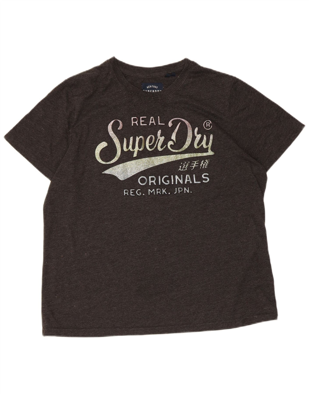 SUPERDRY Kvinder grafisk T-shirt Top UK 16 Stor grå flækket bomuld