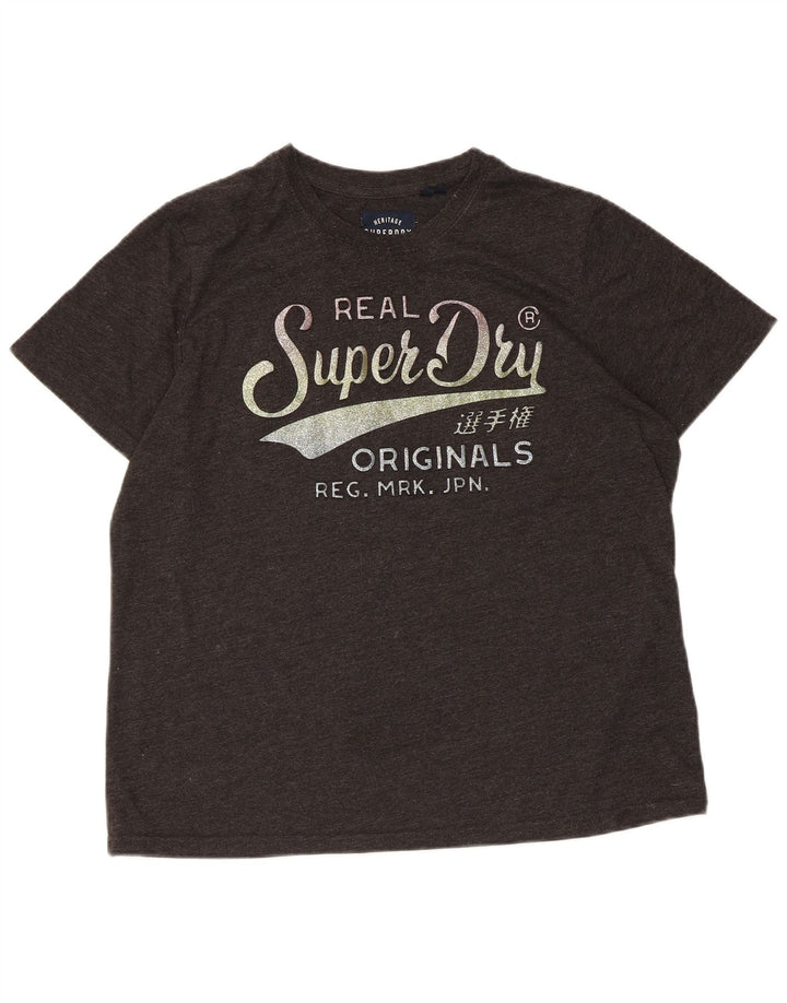 SUPERDRY Kvinder grafisk T-shirt Top UK 16 Stor grå flækket bomuld