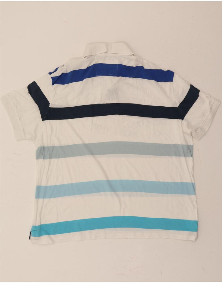 DESIGUAL Mens Graphic Polo Shirt 2XL White Striped Vintage Desigual and Second-Hand Desigual from Messina Hembry 