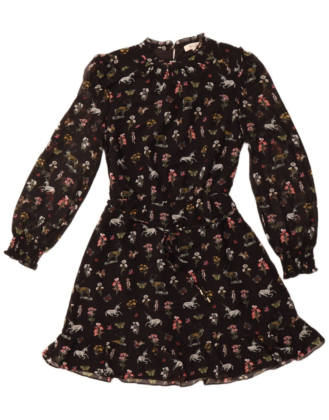 OASIS Dame Langærmet A-Line Kjole UK 12 Medium Black Floral Polyester