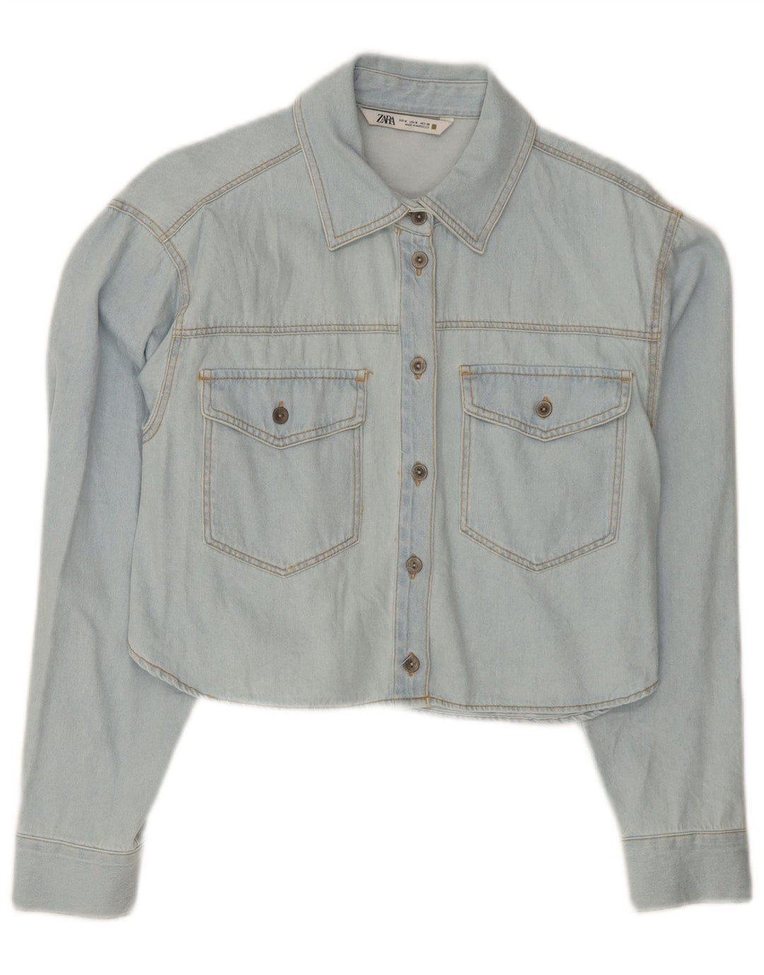 Zara Womens Crop Denim Shirt UK 14 Medium Blue Cotton
