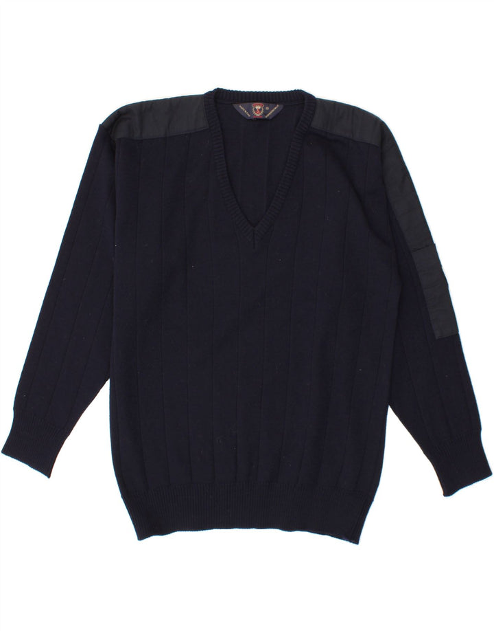 VINTAGE Mens V-Neck Jumper Sweater Medium Navy Blue Wool Vintage Vintage and Second-Hand Vintage from Messina Hembry 