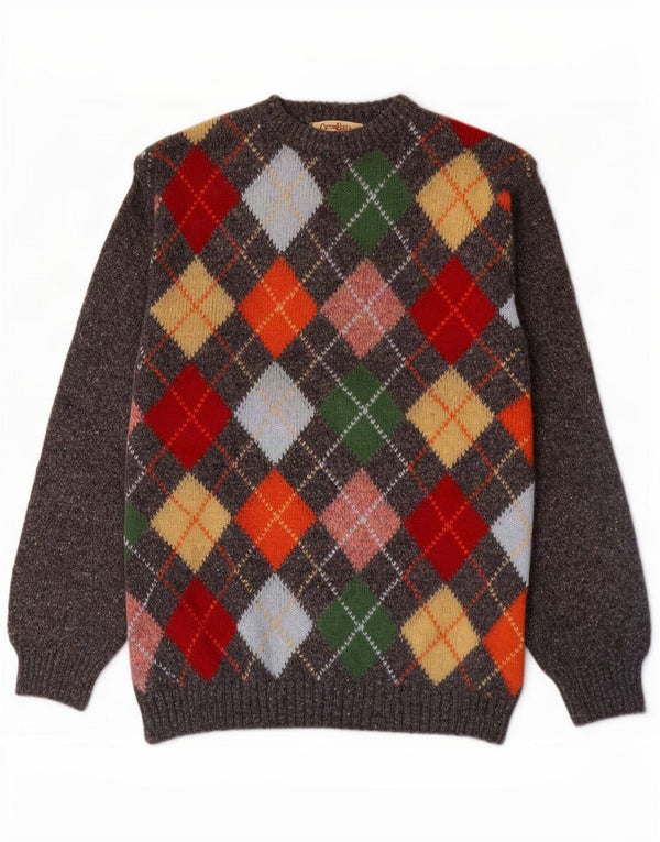 Bomuldsbælte Herre Crew Neck Jumper Sweater Large Grey Argyle/Diamond Wool