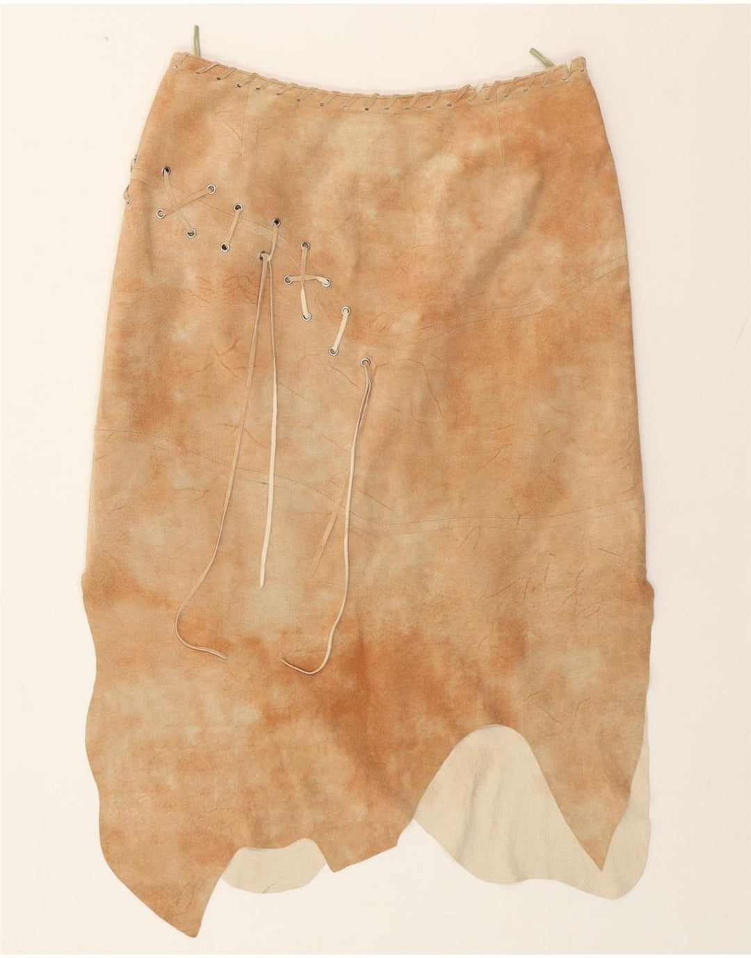 HELLINE kvinders asymmetrisk nederdel UK 14 Large W30 Beige Tie Dye Læder