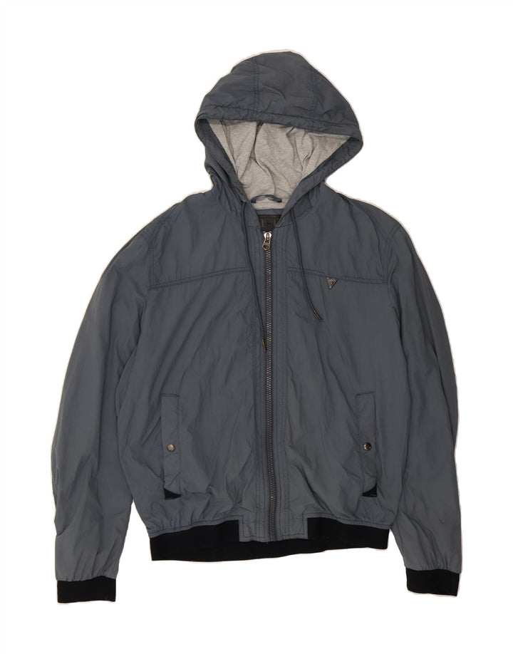 GUESS Mens Graphic Hooded Bomber Jacket UK 40 Large Grey Polyester Vintage Guess and Second-Hand Guess from Messina Hembry 