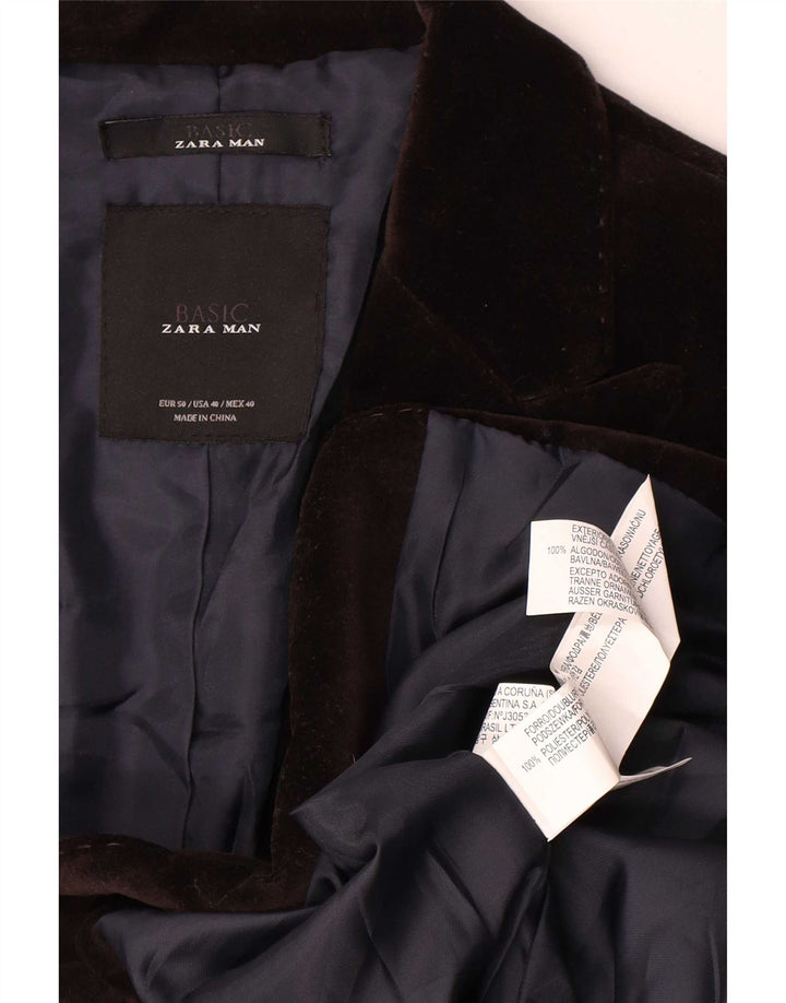 Zara Herre 2-knaps Velour Blazer Jakke EU 50 Medium Brun Polyester