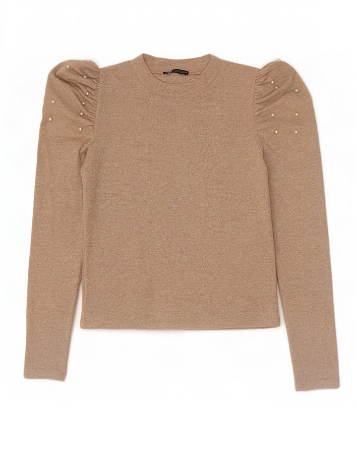 Zara Dame Langærmet Bluse Top UK 12 Medium Beige