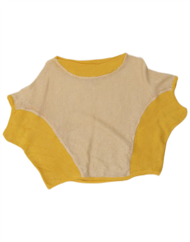 Vintage Kvinders Crop Knit Bluse Top UK 12 Medium Yellow Colourblock