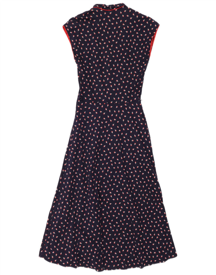 VINTAGE ærmeløs maxikjole til kvinder IT 38 XS Marineblå blomstret bomuld