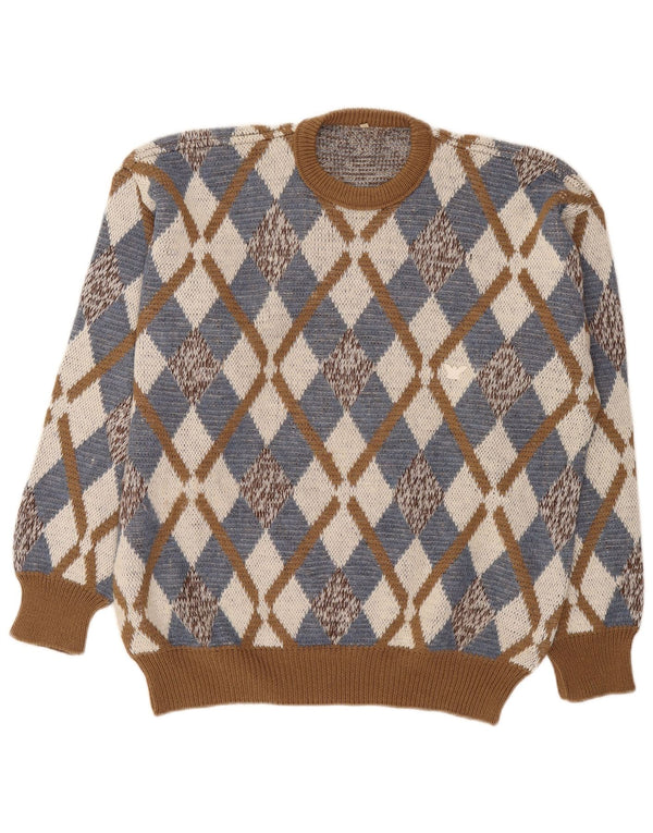 Vintage Herre Crew Neck Jumper Sweater IT 52 Large Brown Argyle/Diamond