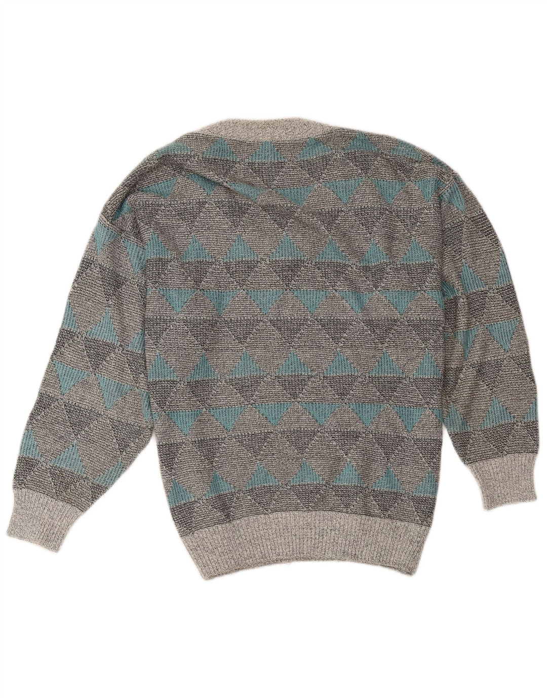 Vintage herre V-hals sweater mellemgrå geometrisk bomuld