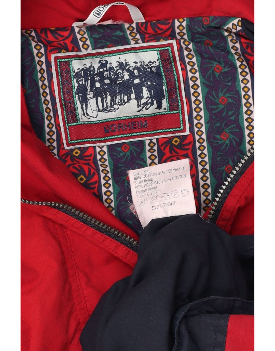 NORHEIM Herre Hættejakke Anorak UK 40 Stor Rød Colourblock Bomuld