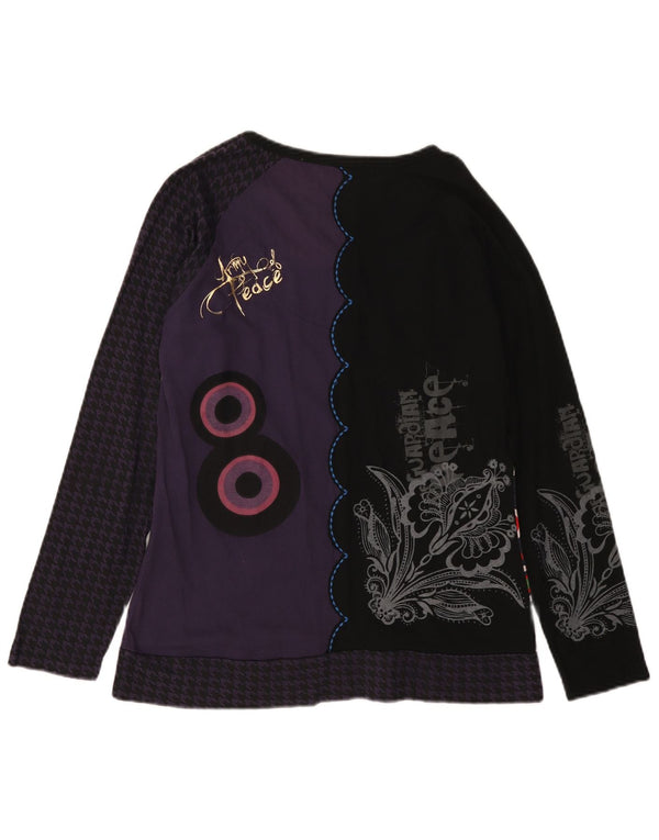 Vintage Kvinders Grafisk Top Langærmet UK 12 Medium Lilla Colourblock