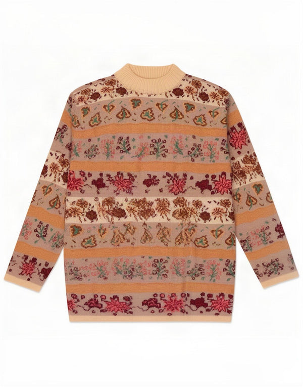 Vintage Dame sweater med rund hals DK 16 Stor Beige Blomster Akryl