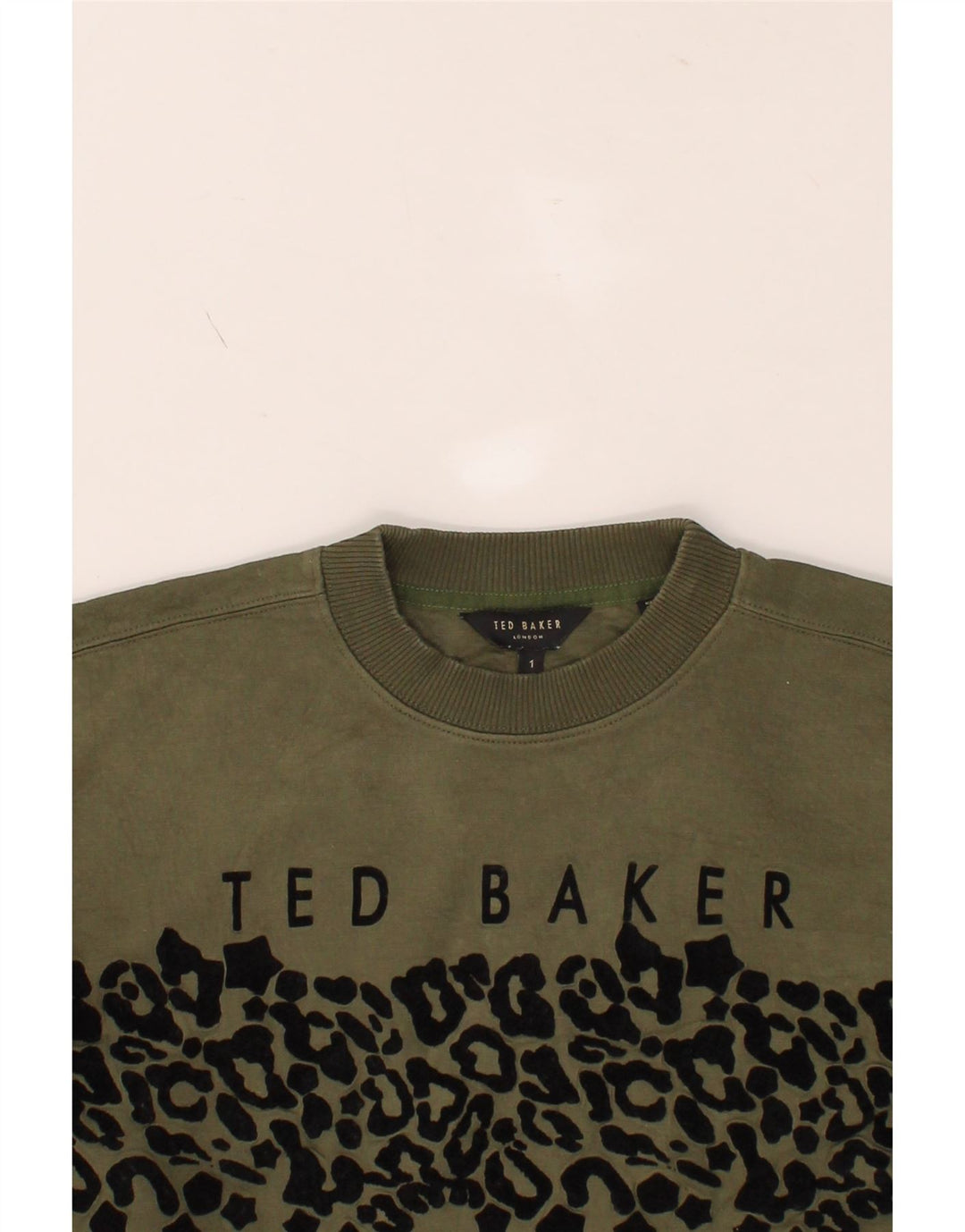 TED BAKER Womens Oversized Sweatshirt Jumper Size 1 XS Khaki Animal Print Vintage Ted Baker and Second-Hand Ted Baker from Messina Hembry 