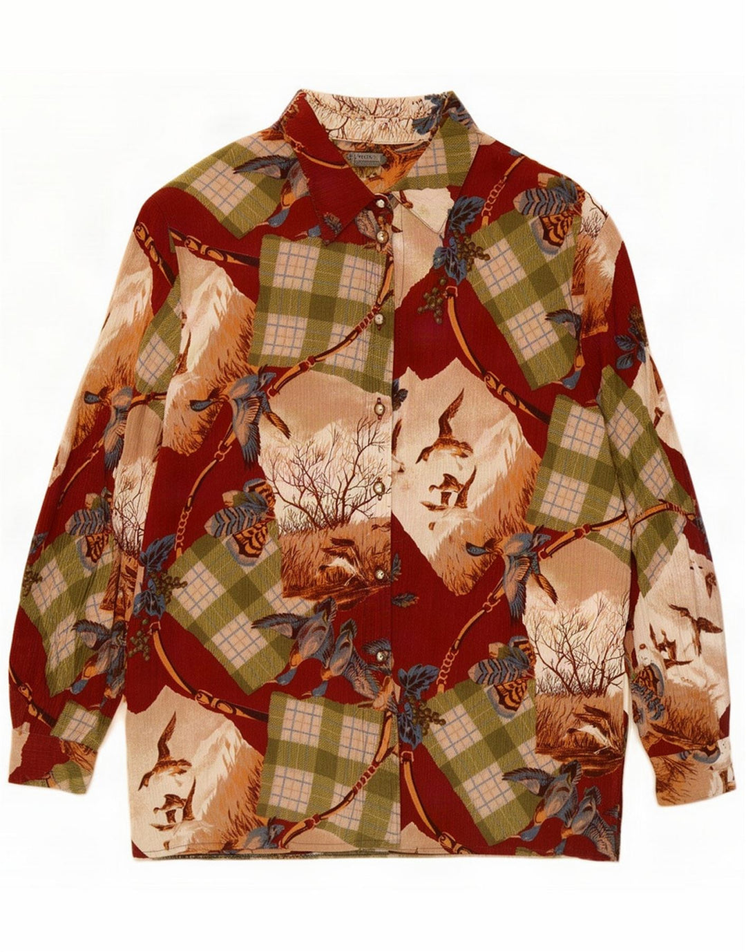 Vintage dameskjorte bluse UK 16 Stor flerfarvet Patchwork Nature