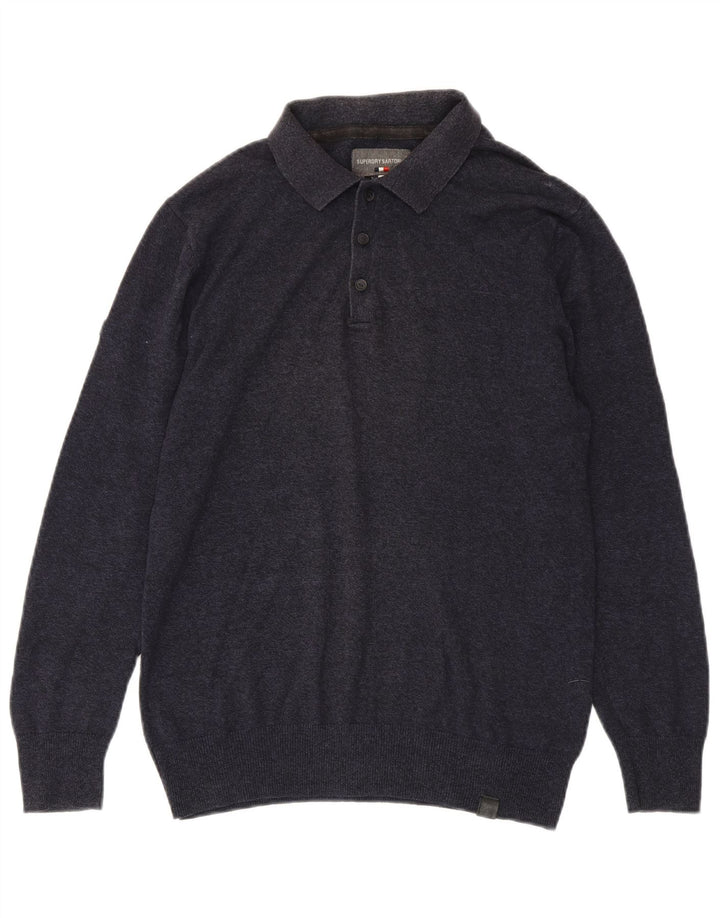 SUPERDRY Mens Polo Neck Jumper Sweater Small Navy Blue Cotton