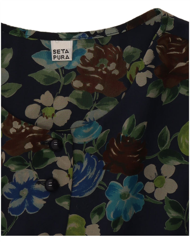 Vintage Dame Shift Dress UK 12 Medium Navy Blue Floral Silke