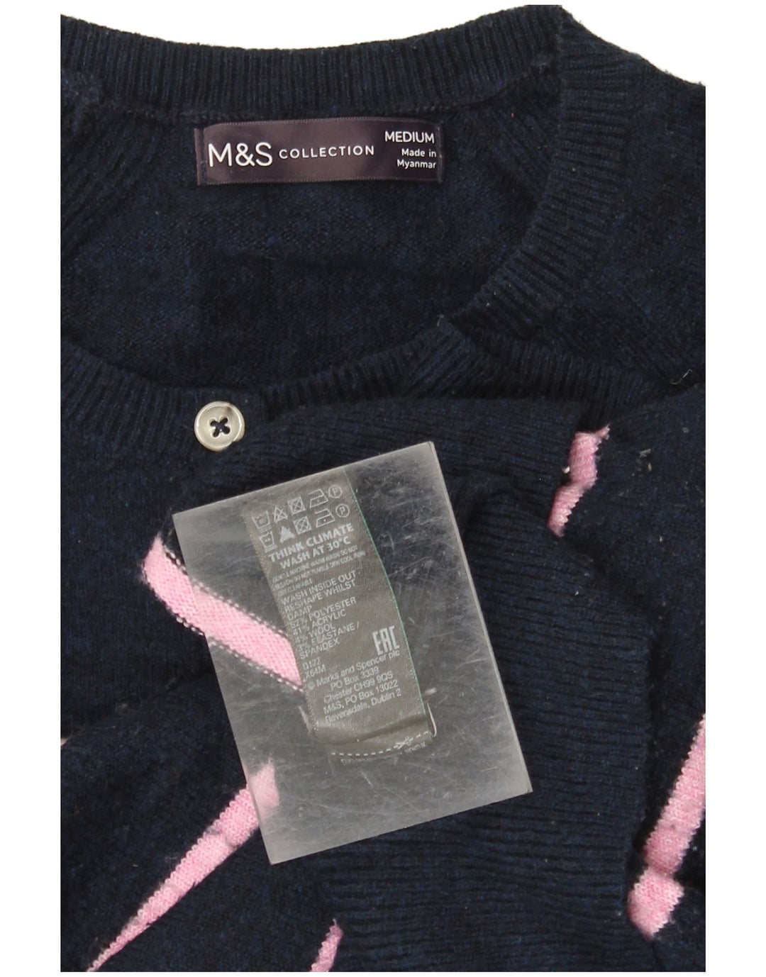 MARKS & SPENCER Sweater med knaphals til kvinder UK 14 Medium Navy Blue