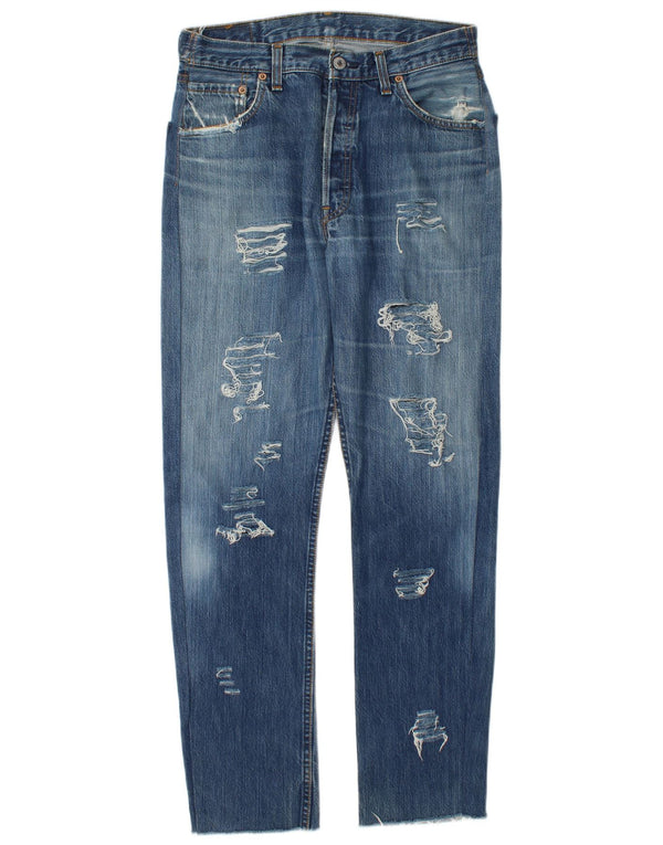Levi's Womens 501 Distressed Straight Jeans W34 L30 Blå