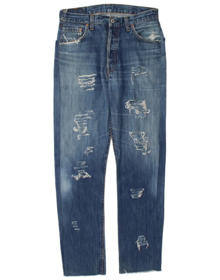 Levi's Womens 501 Distressed Straight Jeans W34 L30 Blå