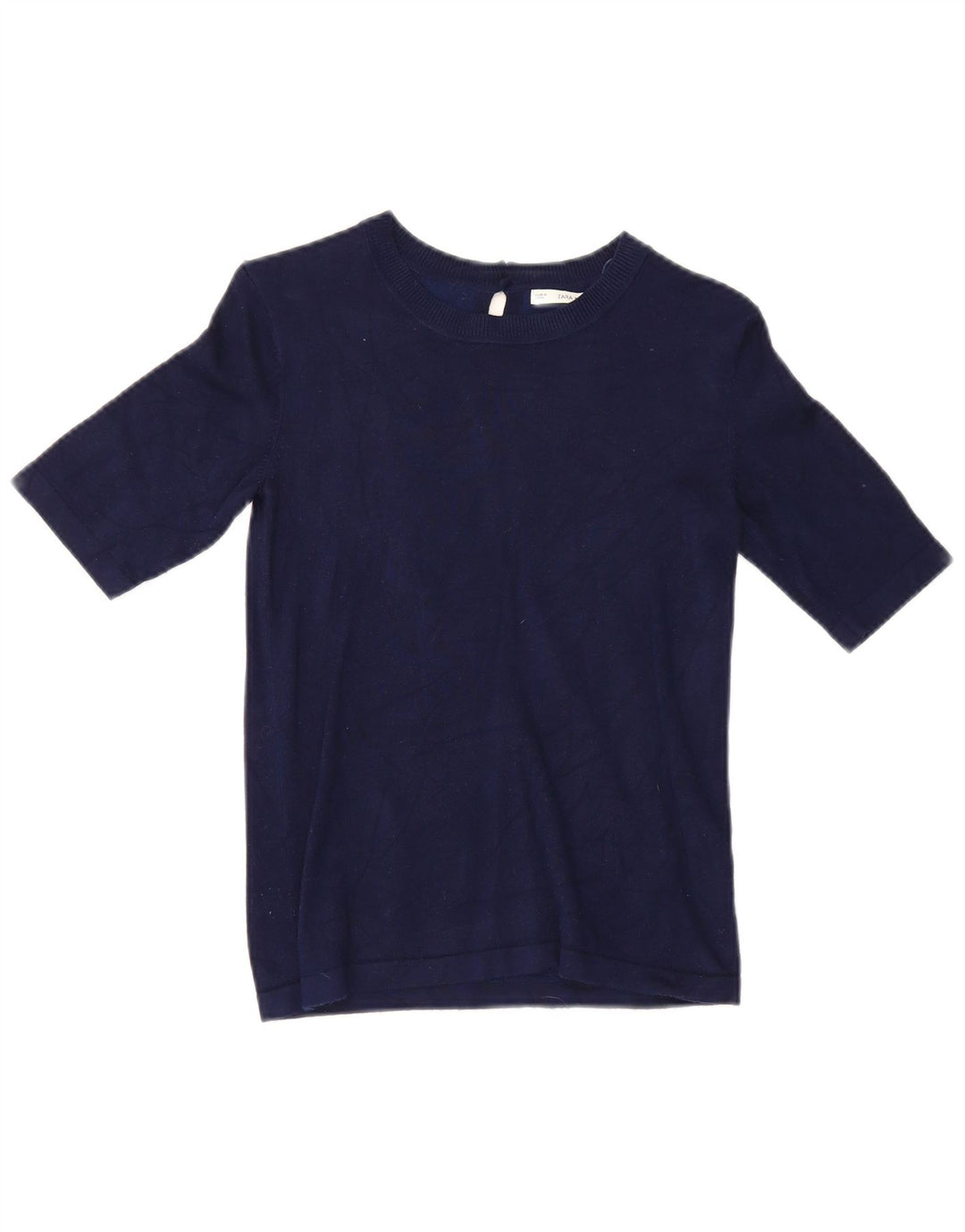 Zara Womens Crop Kortærmet Bluse Top UK 12 Medium Navy Blue Viscose