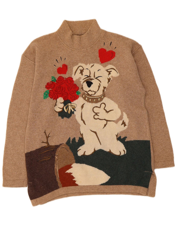 Vintage kvinders grafisk skildpaddehals sweater UK 16 Large Beige