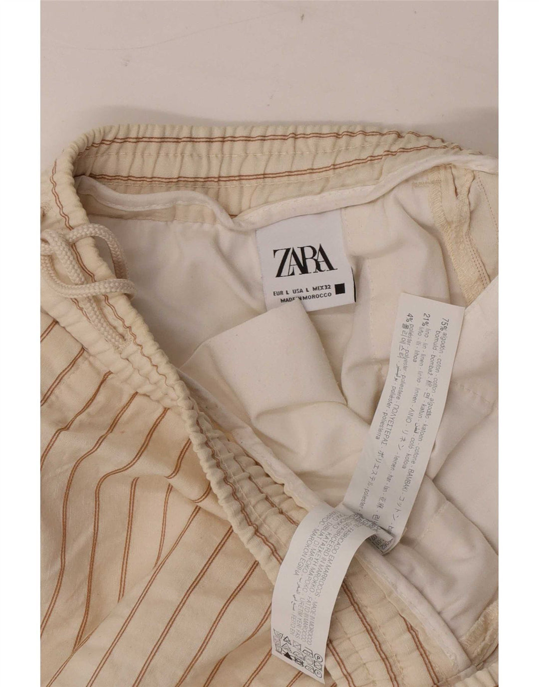 Zara Herre Chino Shorts Large W32 Beige Stribet Bomuld