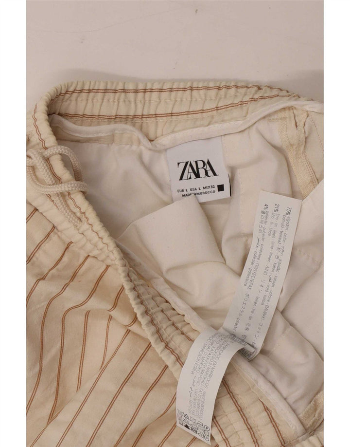 Zara Herre Chino Shorts Large W32 Beige Stribet Bomuld