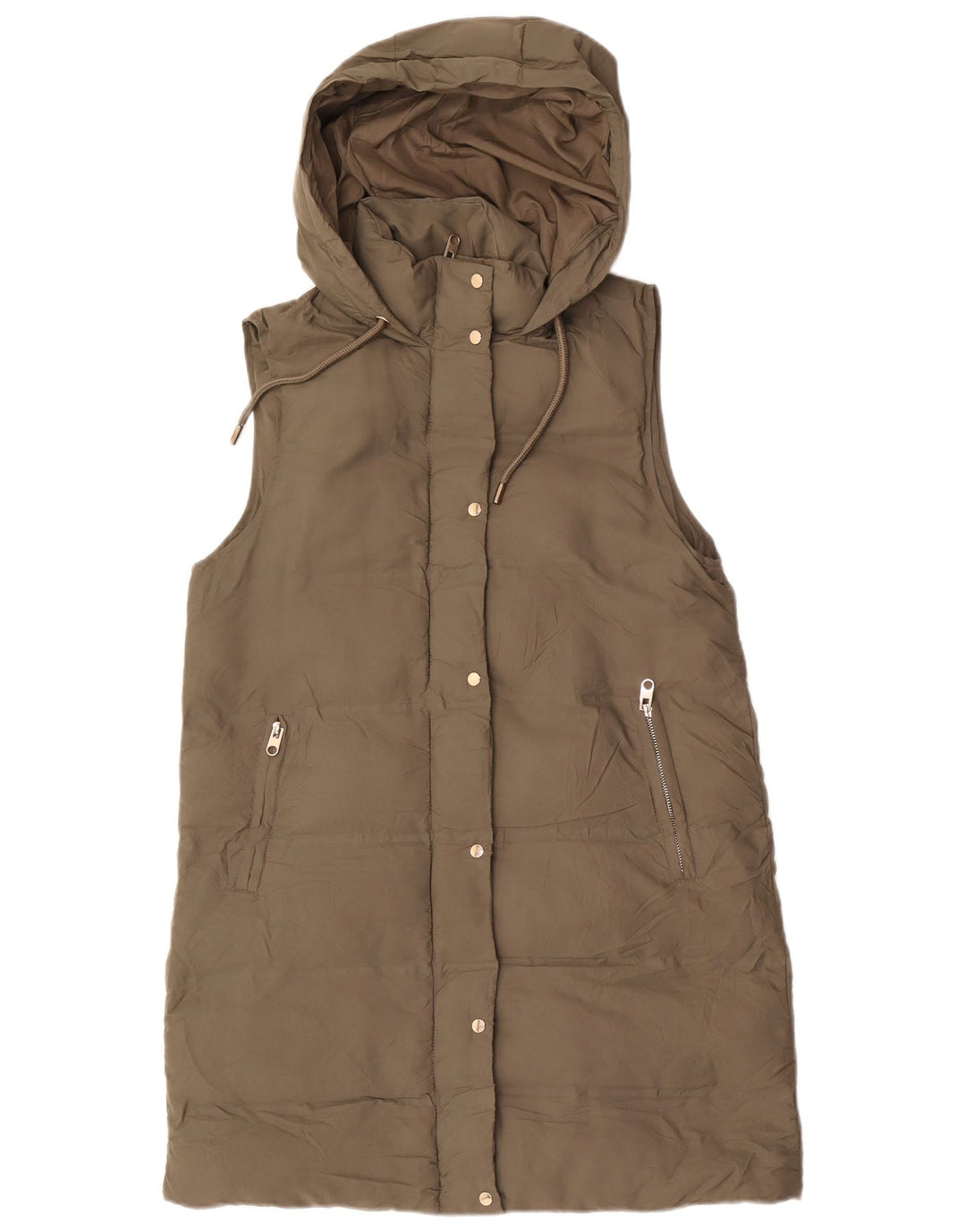 Zara Longline hættetrøje polstret Gilet UK 14 Medium Khaki Polyester