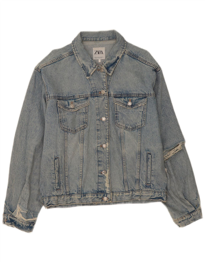 Zara Dame Distressed Oversized Denim Jacket UK 14 Medium Blue Cotton