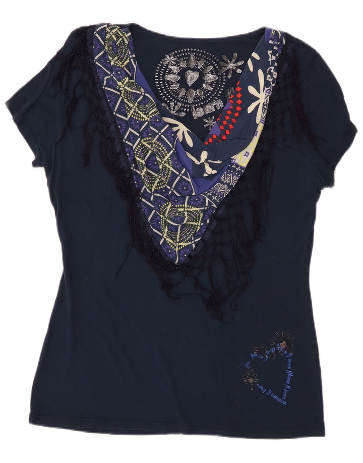Desigual Dame Grafisk T-Shirt Top UK 18 XL Navy Blue Patchwork