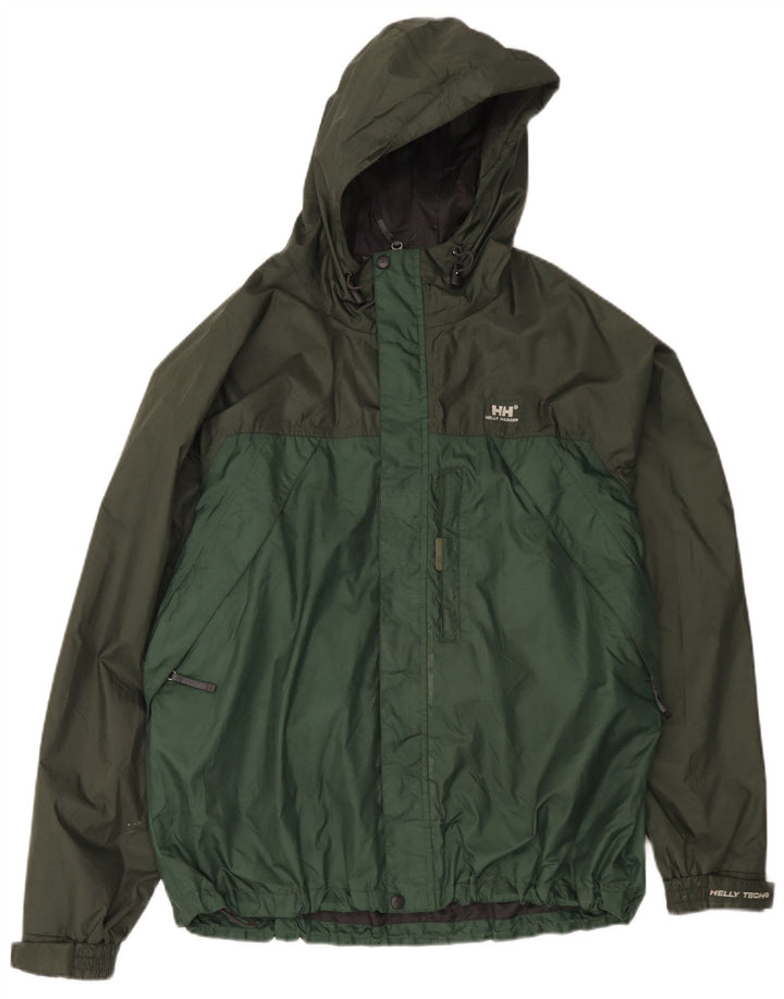 Helly Hansen Regnjakke med hætte til mænd UK 40 Large Green Colourblock Nylon