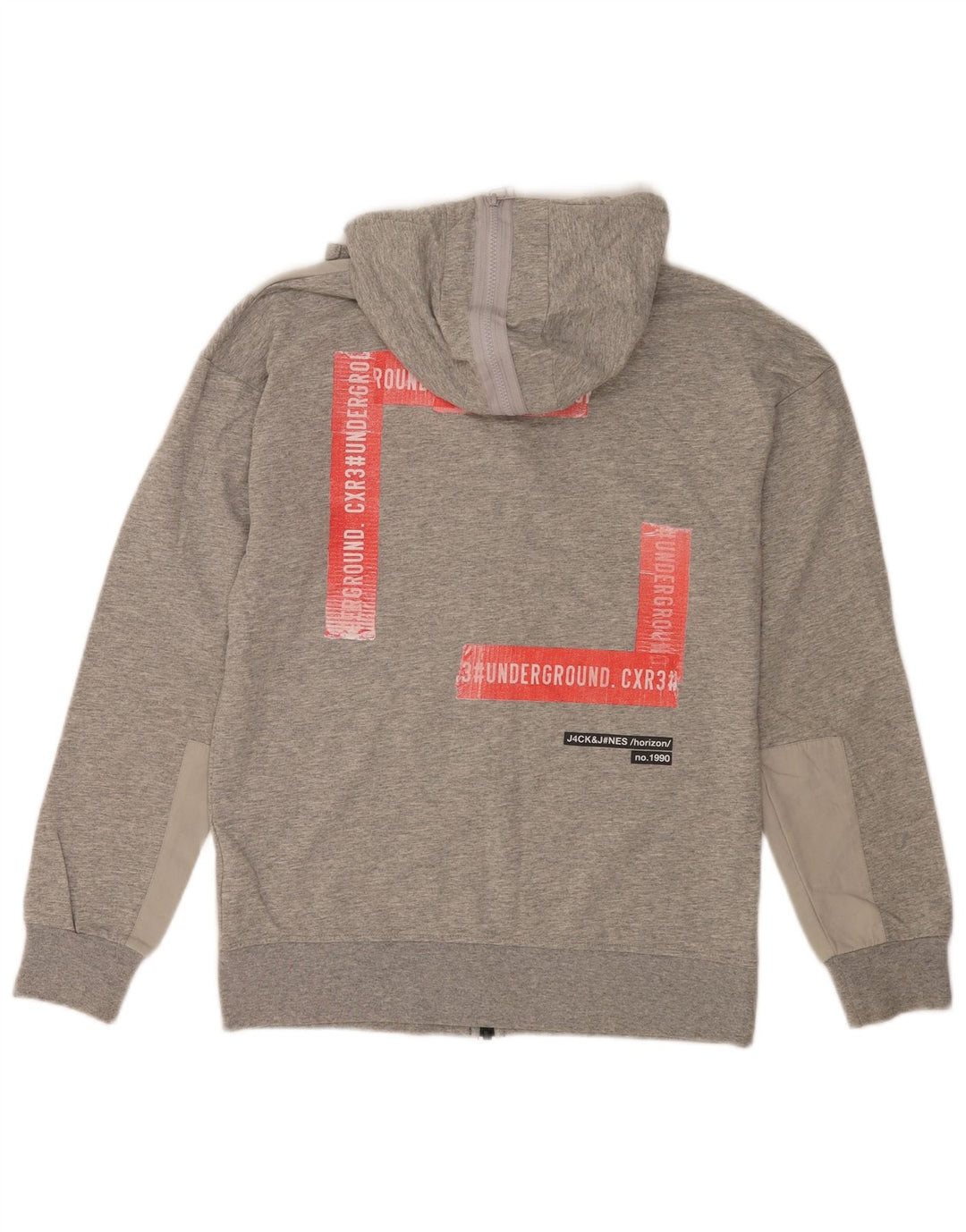 Jack & Jones Herre grafisk hættetrøje med lynlås, lille grå farveblok
