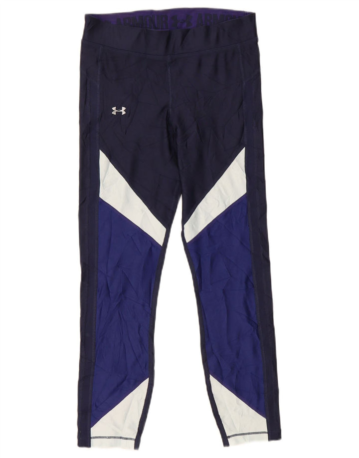 Under Armour Womens Crop Leggings UK 8 Small Navy Blue Colourblock