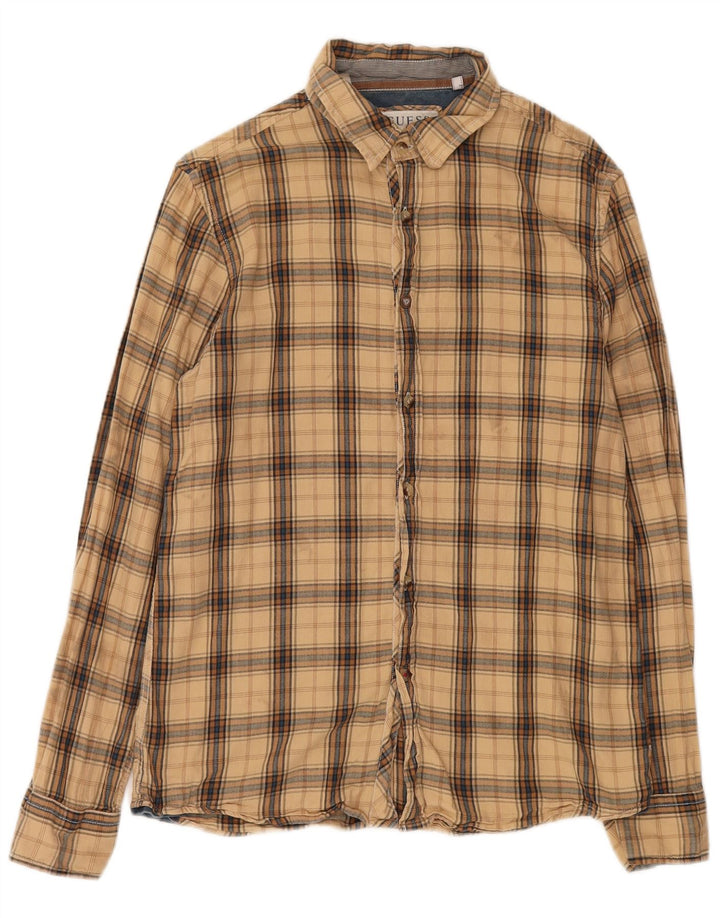 Guess Flanelskjorte til mænd, lille beige ternet bomuld