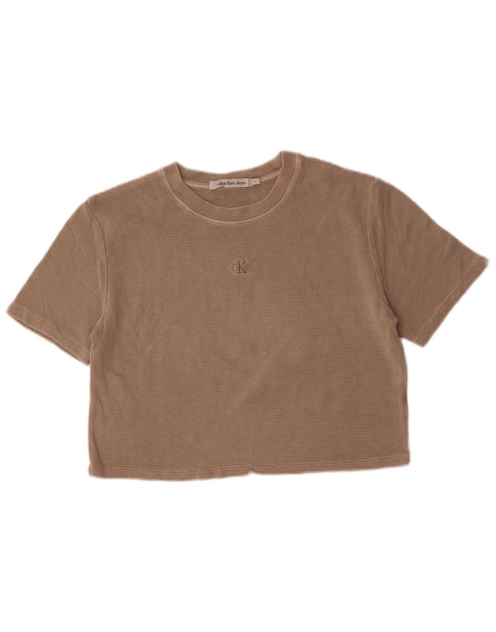CALVIN KLEIN JEANS Dame Crop T-Shirt Top UK 10 Small Beige Bomuld