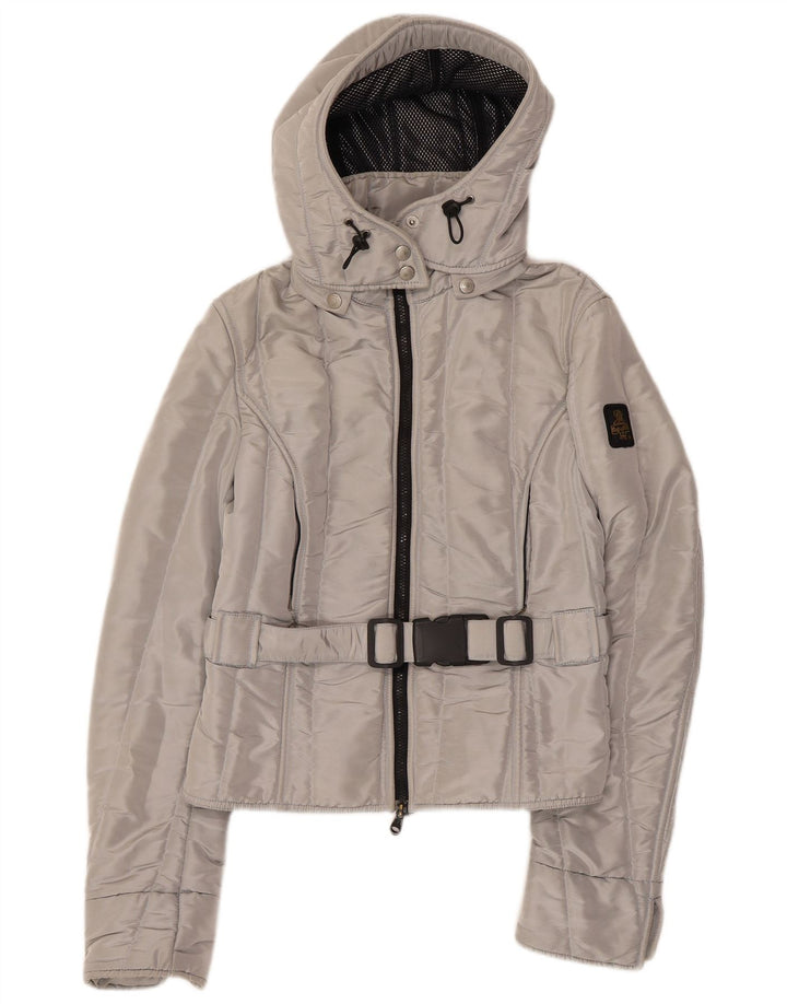 REFRIGIWEAR Dame Cruz Hooded Bomber Jacket UK 14 Large Silver Polyester