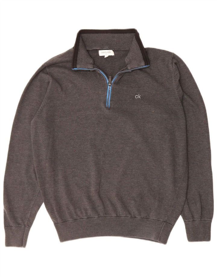 CALVIN KLEIN Mens Zip Neck Jumper Sweater Large Grey Cotton