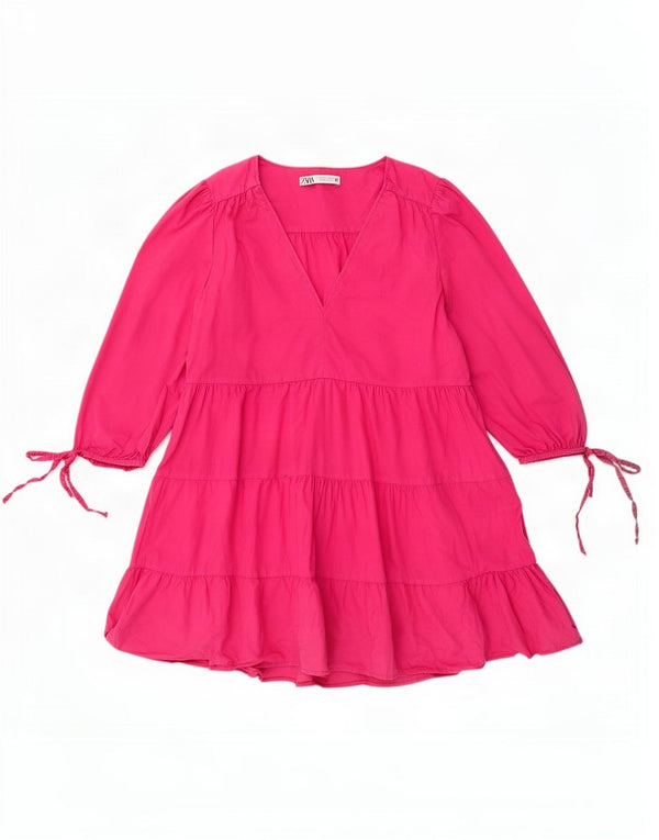 Zara Dame 3/4-ærmet Tiered Dress UK 14 Medium Pink Bomuld