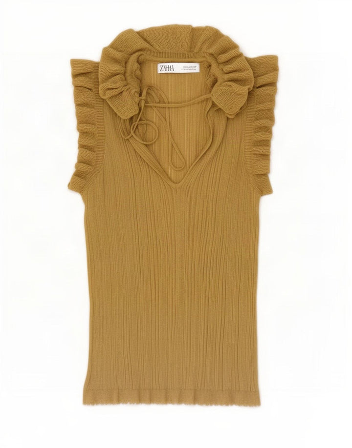 Zara Dame Flæse Front Bluse Top UK 12 Medium Yellow Viscose