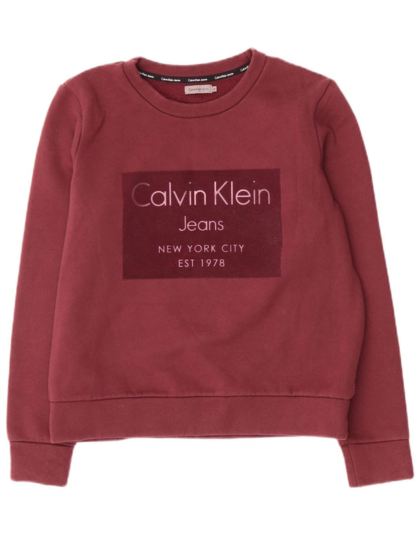 Calvin Klein Jeans Dame Grafisk Sweatshirt Jumper UK 14 Medium Burgundy